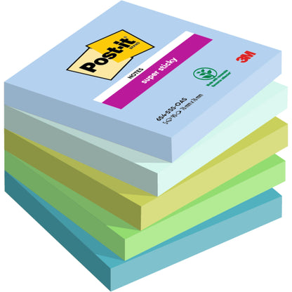 Μια στοίβα Post-it® Super Sticky Notes (76 mm x 76 mm, 90 φύλλα/μπλοκ, 100% PEFC) της 3M Deutschland GmbH σε διάφορες αποχρώσεις του μπλε και του πράσινου με τα λογότυπα Post-it και 3M στο πάνω μπλοκ.
