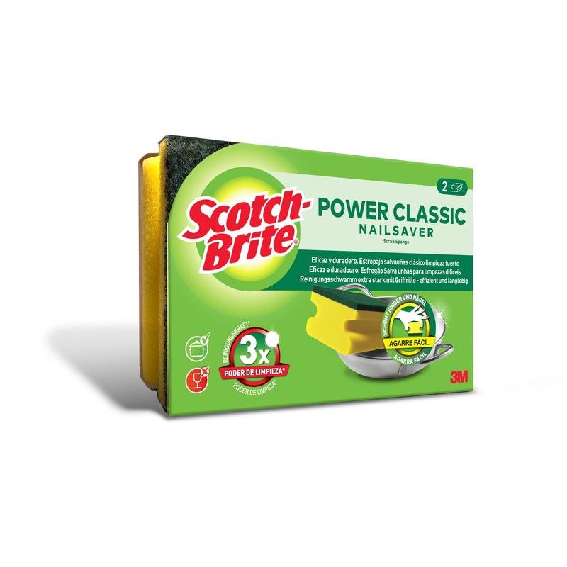Μια συσκευασία σφουγγαριών Scotch-Brite® Classic με λαβή (2 τεμάχια), της 3M Deutschland GmbH, με κίτρινα σφουγγάρια και πράσινη επιφάνεια τρίψιμου. Με υψηλή καθαριστική απόδοση και σχεδιασμό που προσφέρει καλό κράτημα, με το λογότυπο της 3M στη συσκευασία.