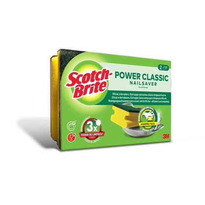 Μια συσκευασία σφουγγαριών Scotch-Brite® Classic με λαβή (2 τεμάχια), της 3M Deutschland GmbH, με κίτρινα σφουγγάρια και πράσινη επιφάνεια τρίψιμου. Με υψηλή καθαριστική απόδοση και σχεδιασμό που προσφέρει καλό κράτημα, με το λογότυπο της 3M στη συσκευασία.