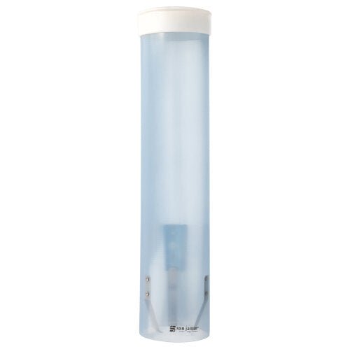Ένας διαφανής διανομέας κυπέλλων Starpak, PS Ø 8,5 cm x 42 cm, με λευκό καπάκι και δύο μεταλλικούς συνδετήρες στη βάση, στέκεται κάθετα μπροστά από λευκό φόντο. Μάρκα: Starpak.