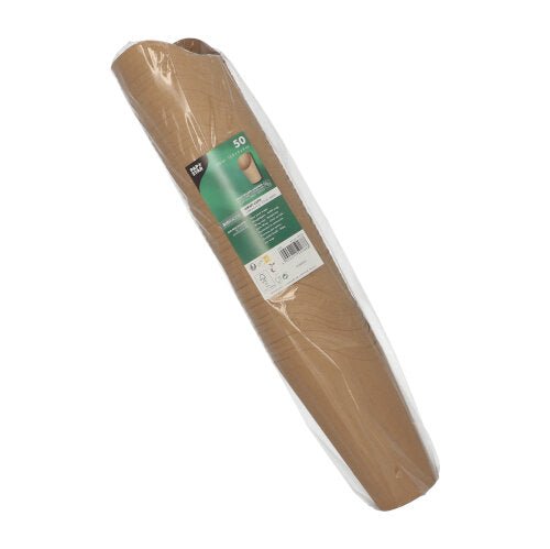 Ένα ρολό με 50 PAPSTAR Wrap Cups, καφέ χαρτί από την PAPSTAR GmbH, ιδανικό για οικολογικά Wrap Cups σε πάρτι και εκδηλώσεις, εν μέρει τυλιγμένο σε διαφανή μεμβράνη με πράσινη-λευκή ετικέτα πληροφοριών μπροστά.