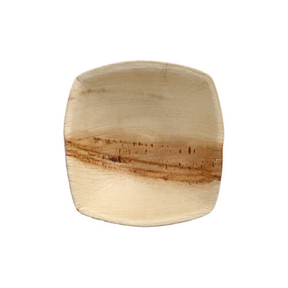 Ένα τετράγωνο, ανοιχτό καφέ PAPSTAR 25 Πιάτα από φύλλο φοίνικα "pure" "QUADRATO" φυσικό πιάτο της PAPSTAR GmbH, με φυσικούς κόκκους και μια πιο σκούρα οριζόντια λωρίδα, βιοδιασπώμενο και φιλικό προς το περιβάλλον, σε λευκό φόντο.