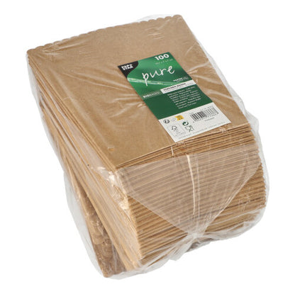 Ein Stapel brauner PAPSTAR Popcorn-Boxen (19,7x7x7 cm, 100 Stück) ist in durchsichtigem Plastik mit einem grün-weißen Etikett verpackt - ideal für den nächsten Kinoabend.