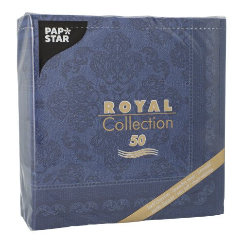 Μια μπλε συσκευασία PAPSTAR GmbH 50 χαρτοπετσέτες «ROYAL Collection», διπλωμένες σε 1/4, 40x40 εκ., σκούρο μπλε, με διακοσμητικό μοτίβο και χρυσές πινελιές.