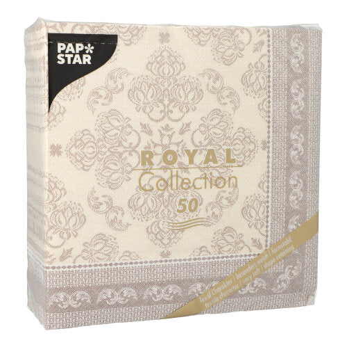 Die PAPSTAR GmbH 50 Servietten "ROYAL Collection" 1/4-Falz in mocca ist beige und hellbraun gemustert, hat eine goldfarbene Schrift und wird in einer 40 x 40 cm großen Verpackung geliefert.