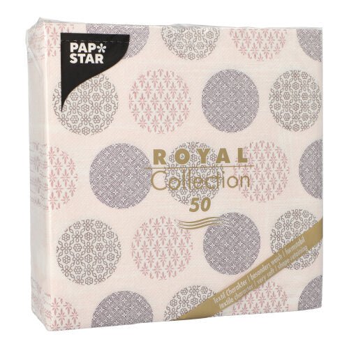 Ένα πακέτο 50 PAPSTAR χαρτοπετσέτες "ROYAL Collection" 1/4-πτυχή 40 x 40 cm σε ροζ από την PAPSTAR GmbH, με διακοσμητικό σχέδιο και πληροφορίες προϊόντος στην μπροστινή πλευρά.