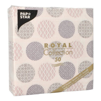 Ένα πακέτο 50 PAPSTAR χαρτοπετσέτες "ROYAL Collection" 1/4-πτυχή 40 x 40 cm σε ροζ από την PAPSTAR GmbH, με διακοσμητικό σχέδιο και πληροφορίες προϊόντος στην μπροστινή πλευρά.
