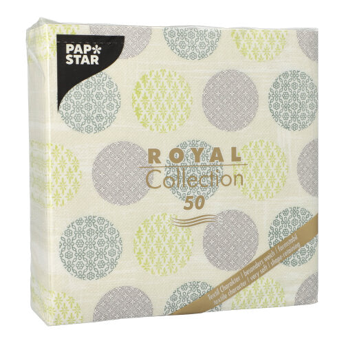Die PAPSTAR GmbH 50 Servietten "ROYAL Collection" 1/4-Falz, 40 x 40 cm grün, kommen in einer Packung mit hellgrünen und grauen gemusterten Kreisen auf cremefarbenem Hintergrund und zeigen Marken- und Produktangaben auf der Vorderseite.