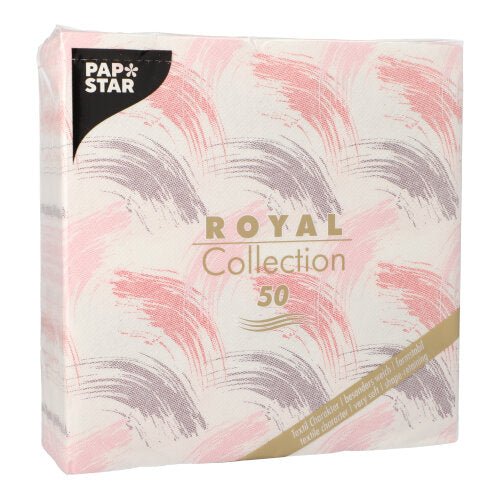 Μια συσκευασία από την PAPSTAR GmbH 50 χαρτοπετσέτες "ROYAL Collection" 1/4-πτυχή, 40 x 40 cm, σε μπορντό. Η ετικέτα στο μπροστινό μέρος δείχνει "50" χαρτοπετσέτες και πληροφορίες προϊόντος σε πολλές γλώσσες.