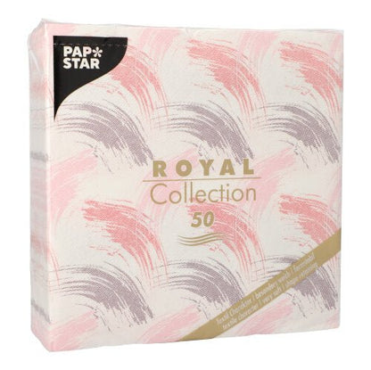 Μια συσκευασία από την PAPSTAR GmbH 50 χαρτοπετσέτες "ROYAL Collection" 1/4-πτυχή, 40 x 40 cm, σε μπορντό. Η ετικέτα στο μπροστινό μέρος δείχνει "50" χαρτοπετσέτες και πληροφορίες προϊόντος σε πολλές γλώσσες.