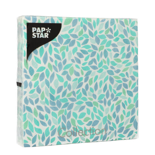 PAPSTAR GmbH 20 Servietten, 33x33 cm, 3-lagig, Set 5 sind abgebildet. Das blau-grüne Blattmuster erscheint auf der Verpackung mit der Aufschrift "collection" unten in der Mitte.