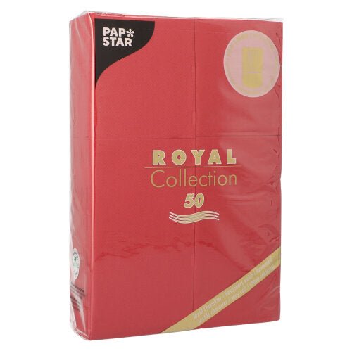 Ένα πακέτο με 50 χαρτοπετσέτες της «ROYAL Collection» από την PAPSTAR GmbH, 48 x 30 cm, με θήκη για μαχαιροπίρουνα, διατίθεται σε κόκκινο με χρυσά γράμματα και είναι τυλιγμένο σε διαφανές πλαστικό για περισσότερη φρεσκάδα.