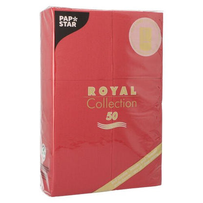 Ένα πακέτο με 50 χαρτοπετσέτες της «ROYAL Collection» από την PAPSTAR GmbH, 48 x 30 cm, με θήκη για μαχαιροπίρουνα, διατίθεται σε κόκκινο με χρυσά γράμματα και είναι τυλιγμένο σε διαφανές πλαστικό για περισσότερη φρεσκάδα.
