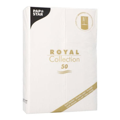 Μια συσκευασία με 50 πετσέτες PAPSTAR "ROYAL Collection" (48 x 30 cm) με θήκη μαχαιροπίρουνου από την PAPSTAR GmbH σε λευκό-χρυσό σχέδιο και στη συσκευασία της μάρκας.