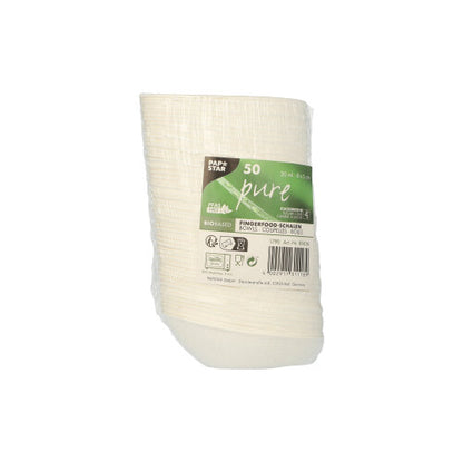 50 λευκά πιατάκια Fingerfood από ζαχαροκάλαμο «pure» της PAPSTAR GmbH, συσκευασμένα σε πλαστικό με πράσινο-λευκή ετικέτα και οικολογικά σύμβολα – η βιώσιμη εναλλακτική λύση για συνειδητοποιημένους περιβαλλοντικά γευσιγνώστες.