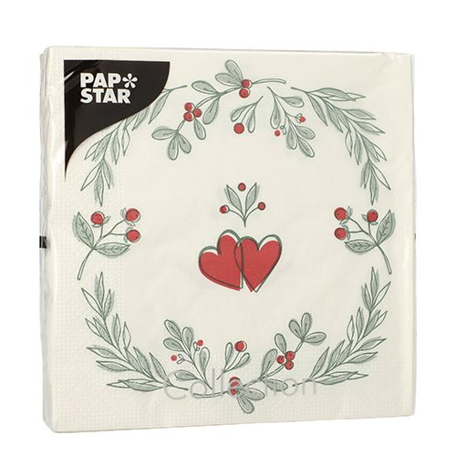 PAPSTAR 20 χαρτοπετσέτες, 33x33 cm, 3-στρώσεων από την PAPSTAR GmbH (Design Set 6) δείχνουν μια λευκή χαρτοπετσέτα με πράσινο στεφάνι φύλλων και κόκκινα μούρα, κόκκινες καρδιές στο κέντρο και μια μαύρη ετικέτα "PAP STAR" πάνω αριστερά.