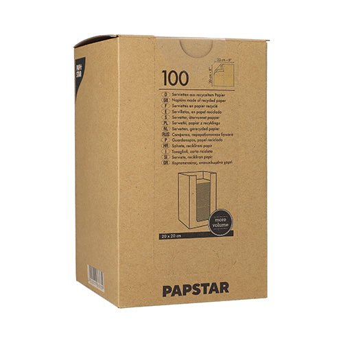 Ένα καφέ κουτί με την επιγραφή "PAPSTAR GmbH" περιέχει 100 PAPSTAR χαρτοπετσέτες 1/4-πτυχή από ανακυκλωμένο χαρτί, 20x20 cm φυσικό, με πολυγλωσσικό κείμενο και μια απλή εικόνα στοίβας χαρτοπετσετών στο κουτί.