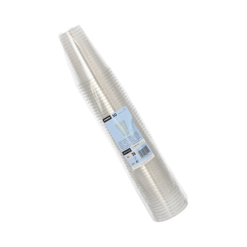 Ένα στοίβαγμα από Starpak 50 Trinkbecher R-PET glasklar σε διαφανή μεμβράνη με μπλε-λευκή ετικέτα – φιλικό προς το περιβάλλον, διαφανές και τέλειο για κάθε περίσταση.