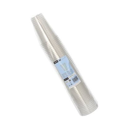 Ένα στοίβαγμα από Starpak 50 Trinkbecher R-PET glasklar σε διαφανή μεμβράνη με μπλε-λευκή ετικέτα – φιλικό προς το περιβάλλον, διαφανές και τέλειο για κάθε περίσταση.