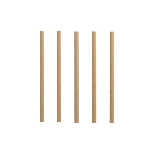 Πέντε καφέ PAPSTAR 500 καλαμάκια κοκτέιλ (χαρτί, Ø 7 mm, 15 cm) της PAPSTAR GmbH στέκονται όρθια σε σειρά μπροστά από ένα απλό λευκό φόντο.
