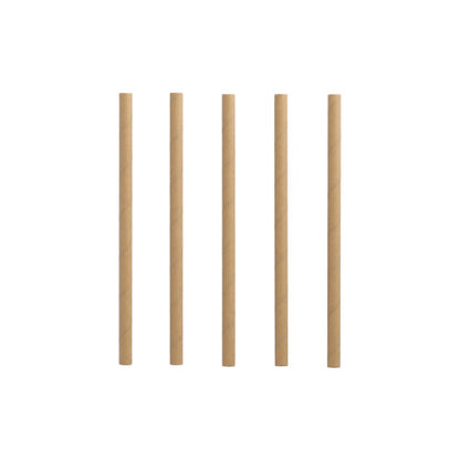 Πέντε καφέ PAPSTAR 500 καλαμάκια κοκτέιλ (χαρτί, Ø 7 mm, 15 cm) της PAPSTAR GmbH στέκονται όρθια σε σειρά μπροστά από ένα απλό λευκό φόντο.