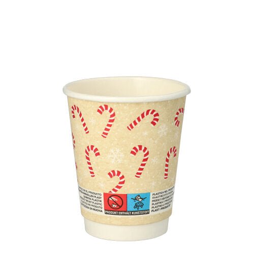 Το PAPSTAR ποτήρι "Candy Canes" (0,2 l, Ø 8 cm, διπλού τοιχώματος) της PAPSTAR GmbH αποτελείται από μπεζ ποτήρια με κόκκινες και λευκές καραμέλες, λευκές νιφάδες χιονιού και μια ετικέτα με προειδοποιητικά σύμβολα σε λευκό φόντο. Συσκευασία με 25 τεμάχια.