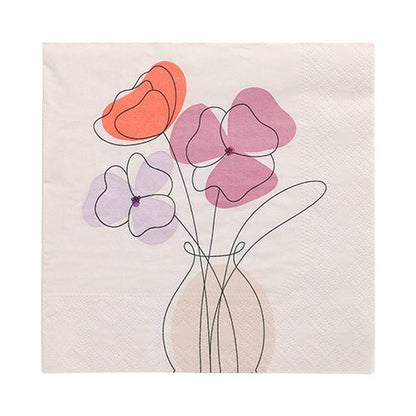 Οι PAPSTAR 20 χαρτοπετσέτες, 33 cm x 33 cm, 3-στρώσεων από την PAPSTAR GmbH δείχνουν ένα βάζο με αφηρημένα κόκκινα και μοβ λουλούδια, που περιγράφονται με μαύρο, μπροστά σε ανοιχτό φόντο.