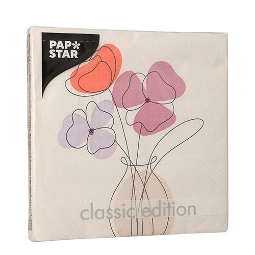 Μια συσκευασία PAPSTAR 20 χαρτοπετσέτες, 33x33 cm, 3-στρώσεων, 1/4-δίπλωμα από PAPSTAR GmbH, Σετ 1 με το μοτίβο ενός βάζου με αφηρημένα ροζ και πορτοκαλί λουλούδια στην μπροστινή πλευρά.