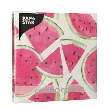 Η PAPSTAR 20 χαρτοπετσέτες, 33 cm x 33 cm, 3-στρώσεων της PAPSTAR GmbH έχουν λευκό φόντο με ροζ φέτες καρπουζιού, πράσινες φλούδες και μαύρους σπόρους. Έρχονται σε μια κλασική, τετράγωνη συσκευασία με 1/4-δίπλωμα σχεδίου (Σετ 1).
