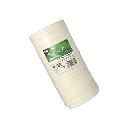 Μια στοίβα από 50 PAPSTAR "pure" λευκά καπάκια για μπολ ντρέσινγκ από ζαχαροκάλαμο της PAPSTAR GmbH, σε πλαστική συσκευασία με πράσινη-λευκή ετικέτα με πληροφορίες προϊόντος και σύμβολα ανακύκλωσης.