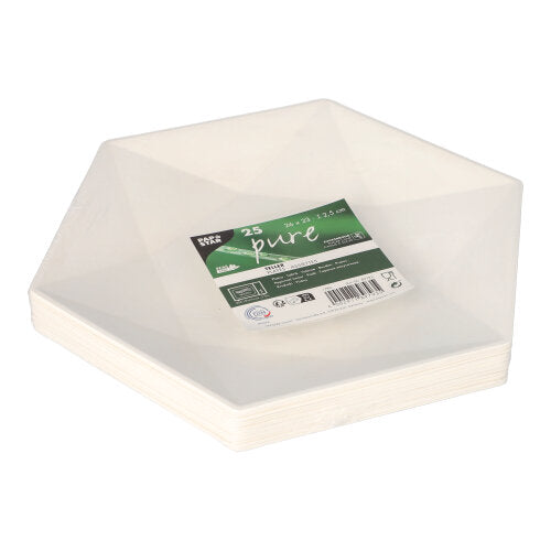 Μια στοίβα λευκών, εξαγωνικών πιάτων PAPSTAR από ζαχαροκάλαμο "pure" εξαγωνικές πλάκες (25 τεμάχια, φιλικές προς το περιβάλλον) της PAPSTAR GmbH, με μια πράσινο-λευκή ετικέτα με πληροφορίες προϊόντος και γραμμωτό κώδικα στην κορυφή.