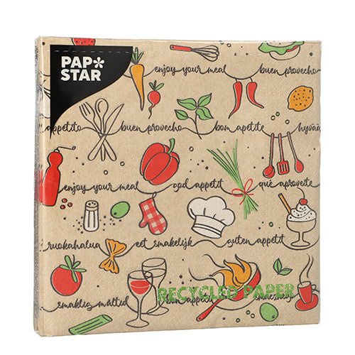 PAPSTAR GmbH 20 χαρτοπετσέτες, 33x33 εκ., 3 στρώσεις, πτυχή 1/4, φυσικό χρώμα: Κομψές χαρτοπετσέτες από ανακυκλωμένο χαρτί με χειρόγραφες εικονογραφήσεις φαγητών και τη φράση «Enjoy your meal» σε πολλές γλώσσες πάνω σε καφέ φόντο — ιδανικές για φυσικές στιγμές γεύματος.