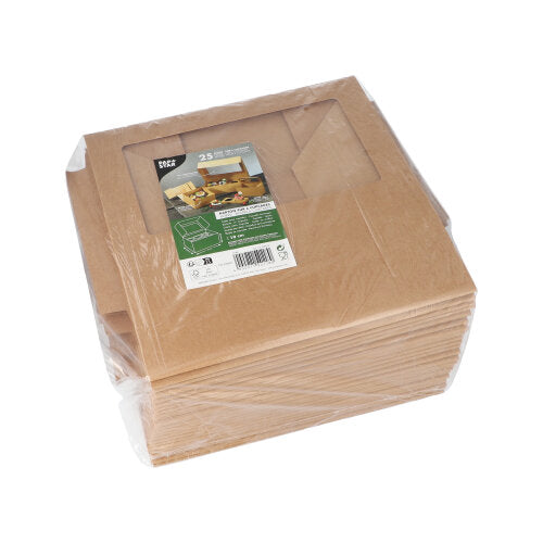 Ein Stapel PAPSTAR 25 Cupcake-Kartons eckig 10 cm mit PLA-Sichtfenster, flach und in Folie verpackt. Das Produktetikett der PAPSTAR GmbH mit Bildern und Text ist oben auf dem biologisch abbaubaren Karton sichtbar.