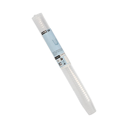 Ένας ρολός με 50 επαναχρησιμοποιήσιμα ποτήρια Starpak για σφηνάκια από άθραυστο πολυπροπυλένιο (PP) είναι σε διαφανή συσκευασία με ετικέτα, εμπορική ονομασία και μια μικρή απεικόνιση ενός ποτηριού.