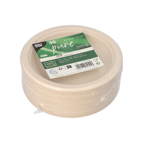 PAPSTAR 50 πιάτα, ζαχαροκάλαμο "pure" της PAPSTAR GmbH: 15 εκ. μεγάλα, βιώσιμα πιάτα μιας χρήσης από ζαχαροκάλαμο, φιλικά προς το περιβάλλον συσκευασμένα σε πλαστικό με πράσινο-λευκή ετικέτα - μέρος μιας συνειδητής σειράς προϊόντων.