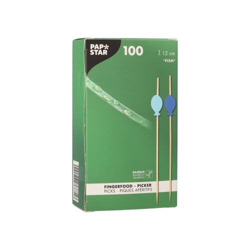 Eine grüne Box der PAPSTAR GmbH enthält 100 Fingerfood-Picker (12 cm) mit blauen und grünen fischförmigen Aufsätzen, hergestellt aus Bambus.