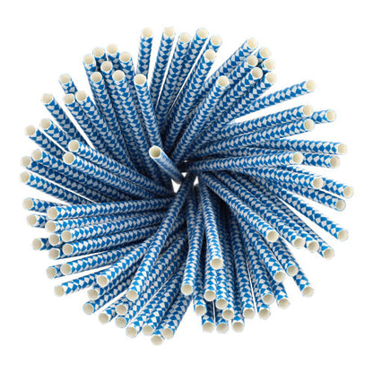 Draufsicht auf PAPSTAR GmbH 100 Trinkhalme, Papier Ø 6 mm in blauen und weißen Mustern, dicht aneinander gereiht in einer Kreisformation.