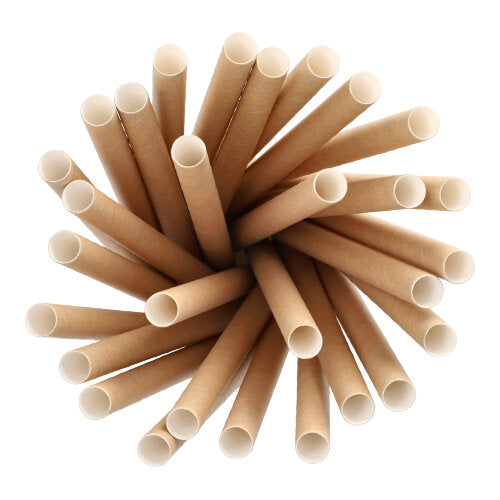 Άποψη από πάνω των PAPSTAR καλαμακιών Bubble Tea "pure" (Ø 12 mm, 20 cm, καφέ, φιλικά προς το περιβάλλον | μεμβράνη, 200 τεμάχια) της PAPSTAR GmbH σε κυκλική διάταξη πάνω σε λευκό φόντο.