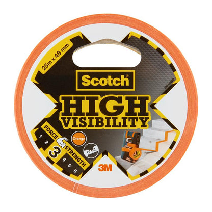 Μια συσκευασία ταινίας Scotch® High Visibility, πορτοκαλί, 25 m x 48 mm (6 ΤΕΜ./ΣΥΣΚΕΥΑΣΙΑ) της 3M Deutschland GmbH δείχνει την ταινία σε χρήση σε μια σκάλα, με το FORCE STRENGTH 3 και το λογότυπο της 3M εμφανώς στη συσκευασία.