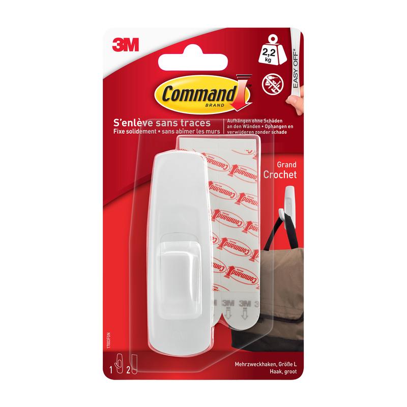 Μια συσκευασία 3M Deutschland GmbH Command™ Large Universal-Haken, 17003-FGN (χωρητικότητα 2,2 kg), περιέχει δύο κολλητικές ταινίες και έναν γάντζο - ιδανική για ανάρτηση χωρίς ζημιές. Η κόκκινη/λευκή συσκευασία έχει γαλλικό και γερμανικό κείμενο. Δεν απαιτείται τρύπημα.