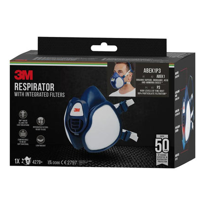 Η συσκευασία της μάσκας αναπνοής 3M™ με ενσωματωμένα φίλτρα της 3M Deutschland GmbH είναι κυρίως μαύρη και δείχνει πέρα από τις λεπτομέρειες προϊόντος μια εικόνα της μάσκας και μια μικρή φωτογραφία του χρήστη.