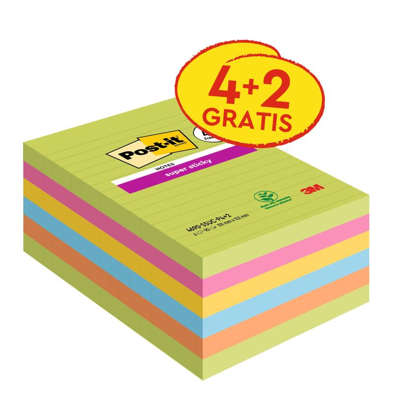 Μια συσκευασία Post-it® Super Sticky Notes μεγάλου μεγέθους, 101 x 152 mm, με γραμμές, σε διάφορα χρώματα. Περιέχει 4 μπλοκ + 2 δωρεάν (90 φύλλα/μπλοκ), ισχυρά αυτοκόλλητα σημειώματα, από την 3M Deutschland GmbH, 100% πιστοποιημένα από PEFC.