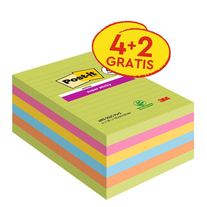 Μια συσκευασία Post-it® Super Sticky Notes μεγάλου μεγέθους, 101 x 152 mm, με γραμμές, σε διάφορα χρώματα. Περιέχει 4 μπλοκ + 2 δωρεάν (90 φύλλα/μπλοκ), ισχυρά αυτοκόλλητα σημειώματα, από την 3M Deutschland GmbH, 100% πιστοποιημένα από PEFC.