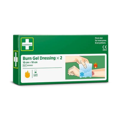 Ένα πράσινο-λευκό κουτί από την Orkla Wound Care AB Cederroth Burn Gel Verband 10x10 cm, 2er-Pack (2 τεμάχια), δείχνει μια εικόνα ενός δροσιστικού επιθέματος γέλης που εφαρμόζεται σε εγκαύματα σε ένα χέρι. Η συσκευασία περιέχει δύο επιδέσμους.