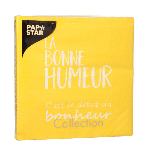 Eine Packung PAPSTAR 20 Servietten, 33x33cm, 3-lagig, 1/4-Falz Bunt von PAPSTAR GmbH, mit leuchtenden Farben und fröhlichen französischen Texten - perfekt, um jede Gelegenheit zu erhellen.