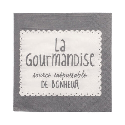 Graue 3-lagige PAPSTAR-Serviette (33x33 cm, 1/4 gefaltet) mit weißem Rechteck und dem französischen Text "La Gourmandise source inépuisable de bonheur". Marke: PAPSTAR GmbH. Packung mit 20 Stück.