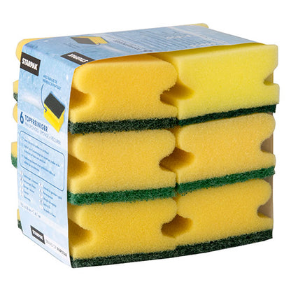 Μια συσκευασία με 6 ορθογώνια σφουγγάρια καθαρισμού κατσαρόλας Starpak (4,1x9,5x6,8 εκ.), κίτρινα/πράσινα με αυλάκι λαβής για καλύτερο κράτημα, στοιβαγμένα και συσκευασμένα σε κορδέλα. Ιδανικά για τρίψιμο, από τη μάρκα Starpak.