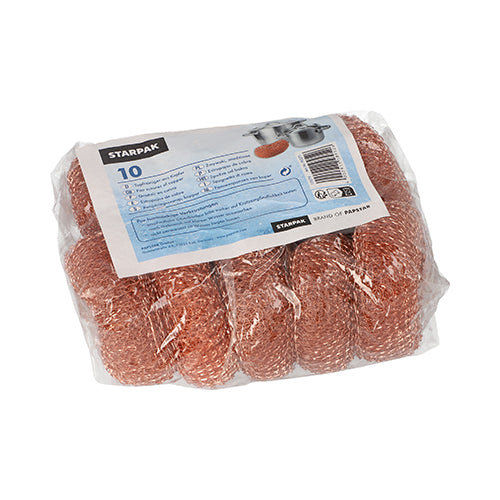 Μια διάφανη πλαστική συσκευασία περιέχει 10 καθαριστές κατσαρολών Starpak από χαλκό στρογγυλούς Ø 9 cm · 3 cm, καθένας ανθεκτικός για αποτελεσματικό καθαρισμό, με μια μπλε-λευκή ετικέτα με πληροφορίες προϊόντος και γραμμωτό κώδικα.