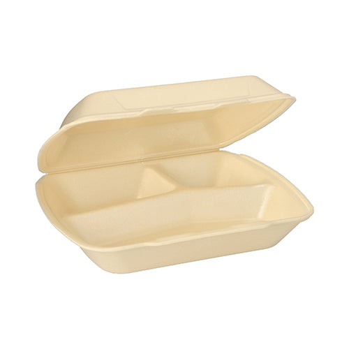 Ένα μπεζ, ορθογώνιο κουτί μενού Starpak με καπάκι (XPS, 3-διαμερισμάτων, 7,5 x 24,3 x 20,8 cm) είναι ανοιχτό και άδειο και δείχνει τρία διαμερίσματα στο εσωτερικό.