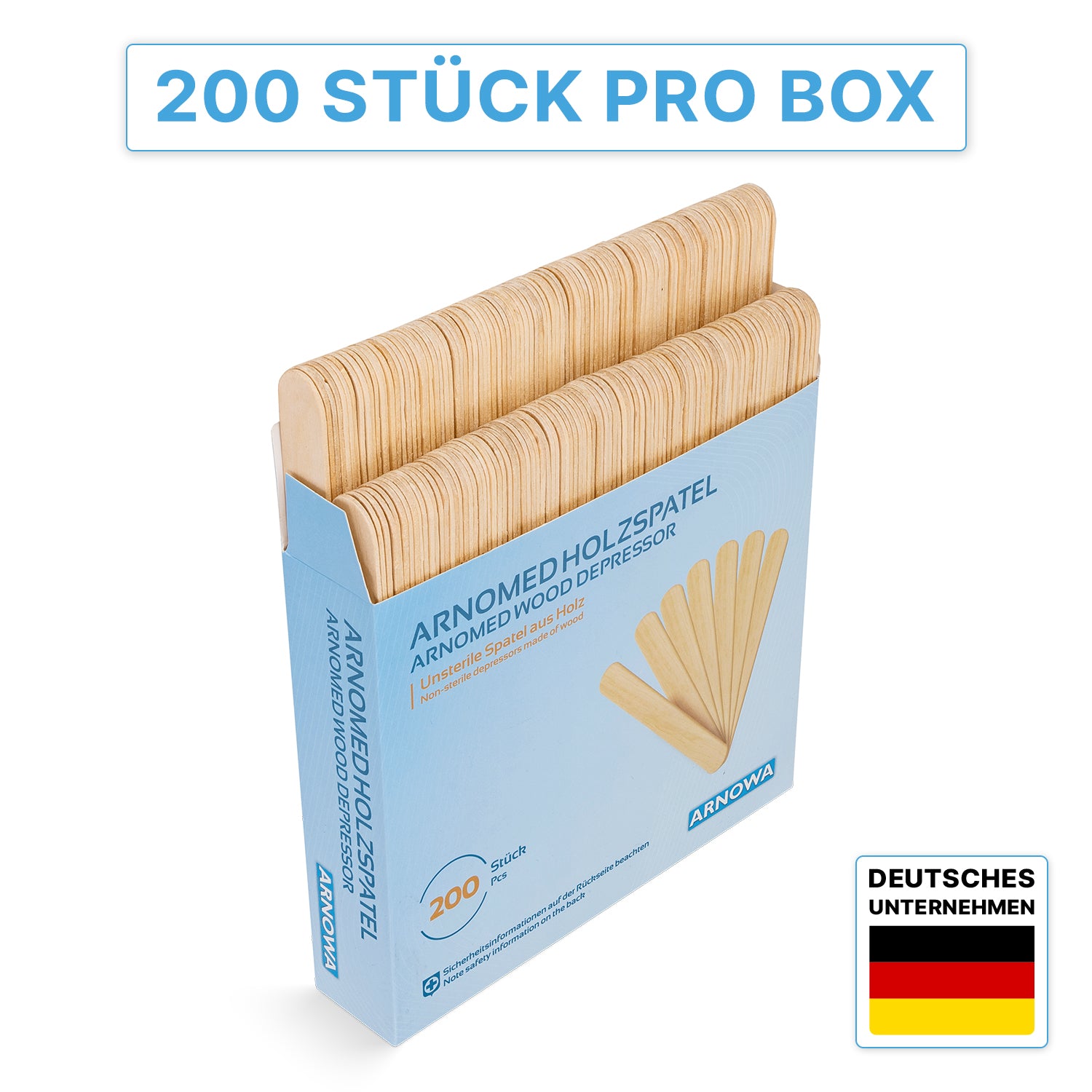 Eine blaue Schachtel mit der Aufschrift "ARNOMED HOLZSPATEL Unsteril natur" der ARNOWA GmbH enthält 200 unsterile Holzspatel für den medizinischen Gebrauch, stehend. In der unteren rechten Ecke befindet sich eine deutsche Flagge mit der Aufschrift "DEUTSCHES UNTERNEHMEN".